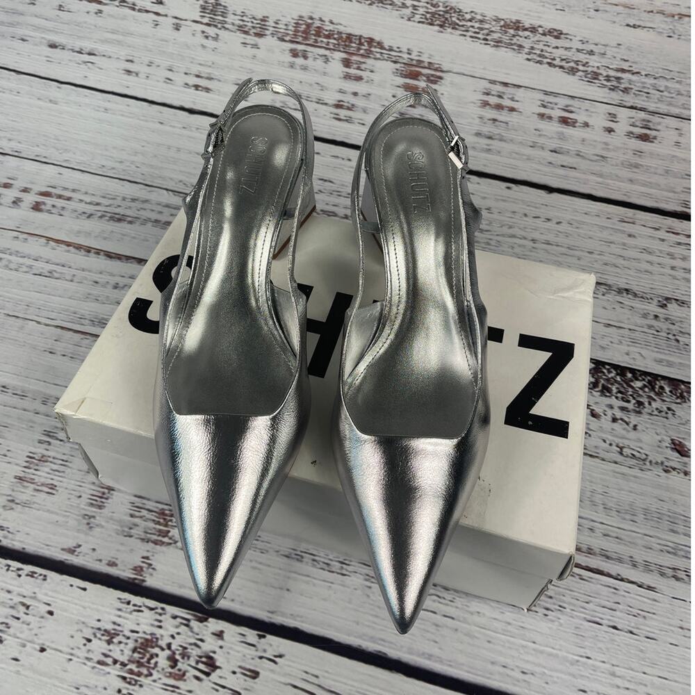 Schutz Women's Size 10 Metallic Nappa Blanche Mid Heels - Picture 3 of 10